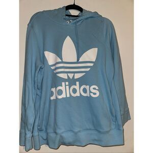 Adidas Hoodie Womens XL Blue Pullover Sweatshirt Spell Out Drawstring 3 Stripes